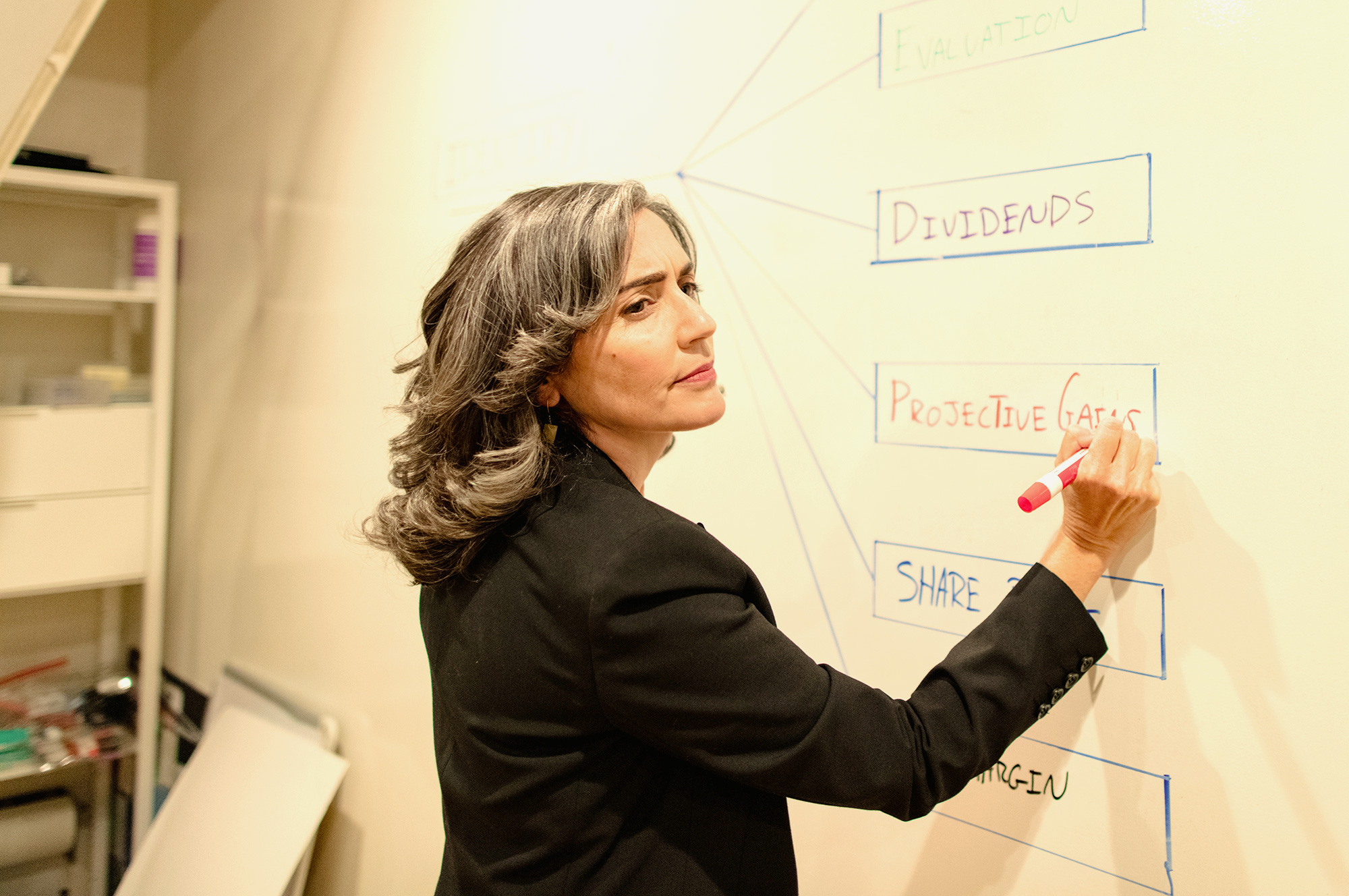 female marketing professional drawing on white board
